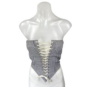 Lioness East Gate Blue Pinstripe Strapless Lace Up Corset Bustier Top Size XS